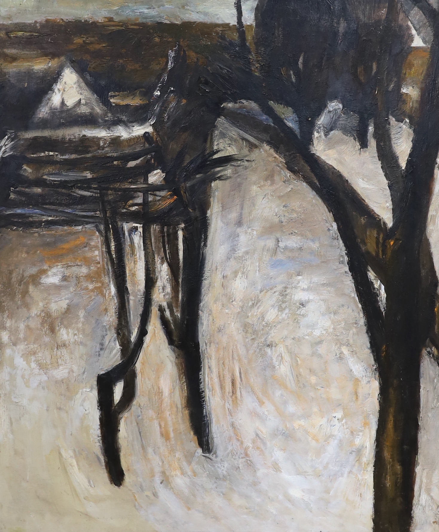 Violet Fuller (British, 1920-2008), oil on board, 'My garden in winter', signed with label verso, 76 x 66cm, unframed